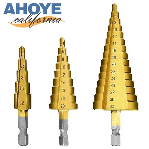 AHOYE 3PCS鍍鈦階梯鑽頭 4-32mm 適用石材水泥木頭