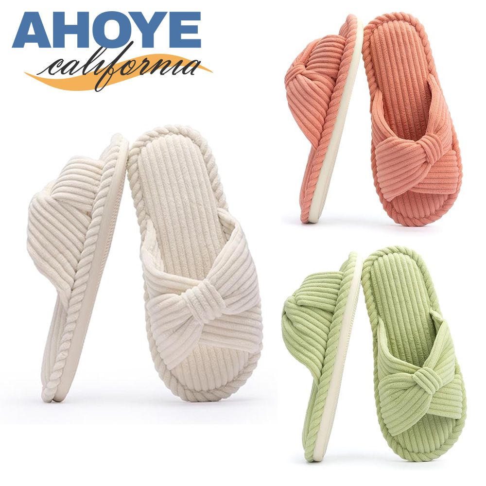 AHOYE 棉麻蝴蝶扭結造型拖鞋 (防滑拖鞋 居家拖鞋 室內拖)