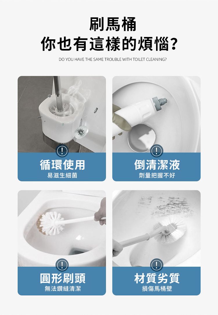 刷馬桶你也有這樣的煩惱?DO YOU HAVE THE SAME TROUBLE WITH TOILET CLEANING?①循環使用倒清潔液易滋生細菌劑量把握不好①①圓形刷頭材質劣質無法鑽縫清潔損傷馬桶壁