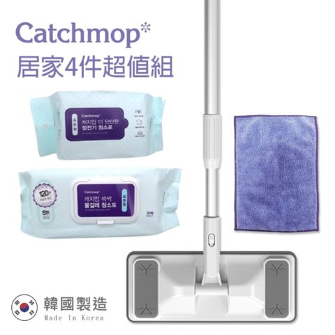 CatchMop 輕巧平板拖把居家4件超值組(1桿+1布+30乾巾+30濕巾)