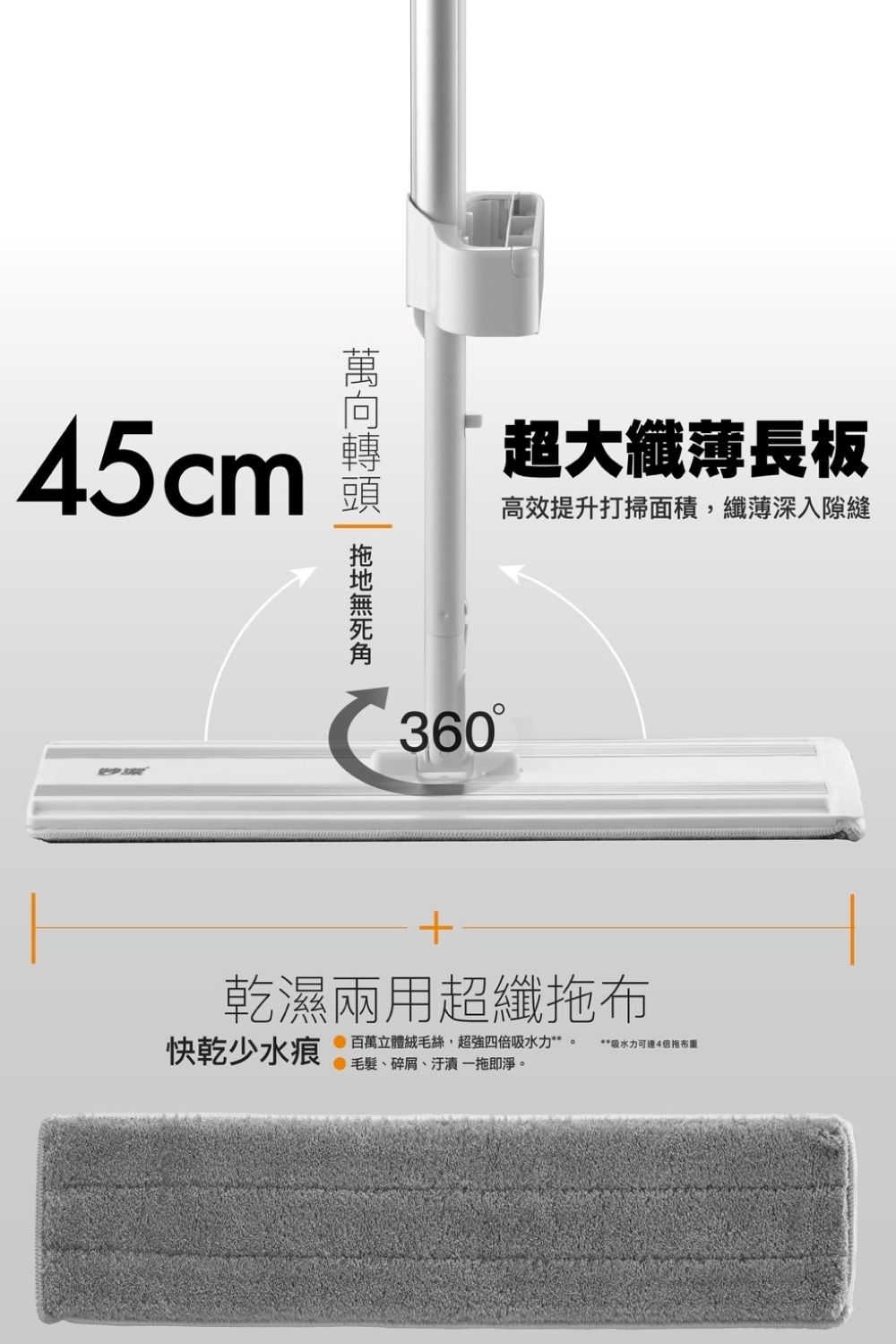 45cm 超大纖薄長板高效提升打掃面積,纖薄深入隙縫C3360乾濕兩用超纖快乾少水痕百萬立體絨毛絲,超強四倍吸水力 **吸水力可達4倍拖布、碎屑、拖即淨。