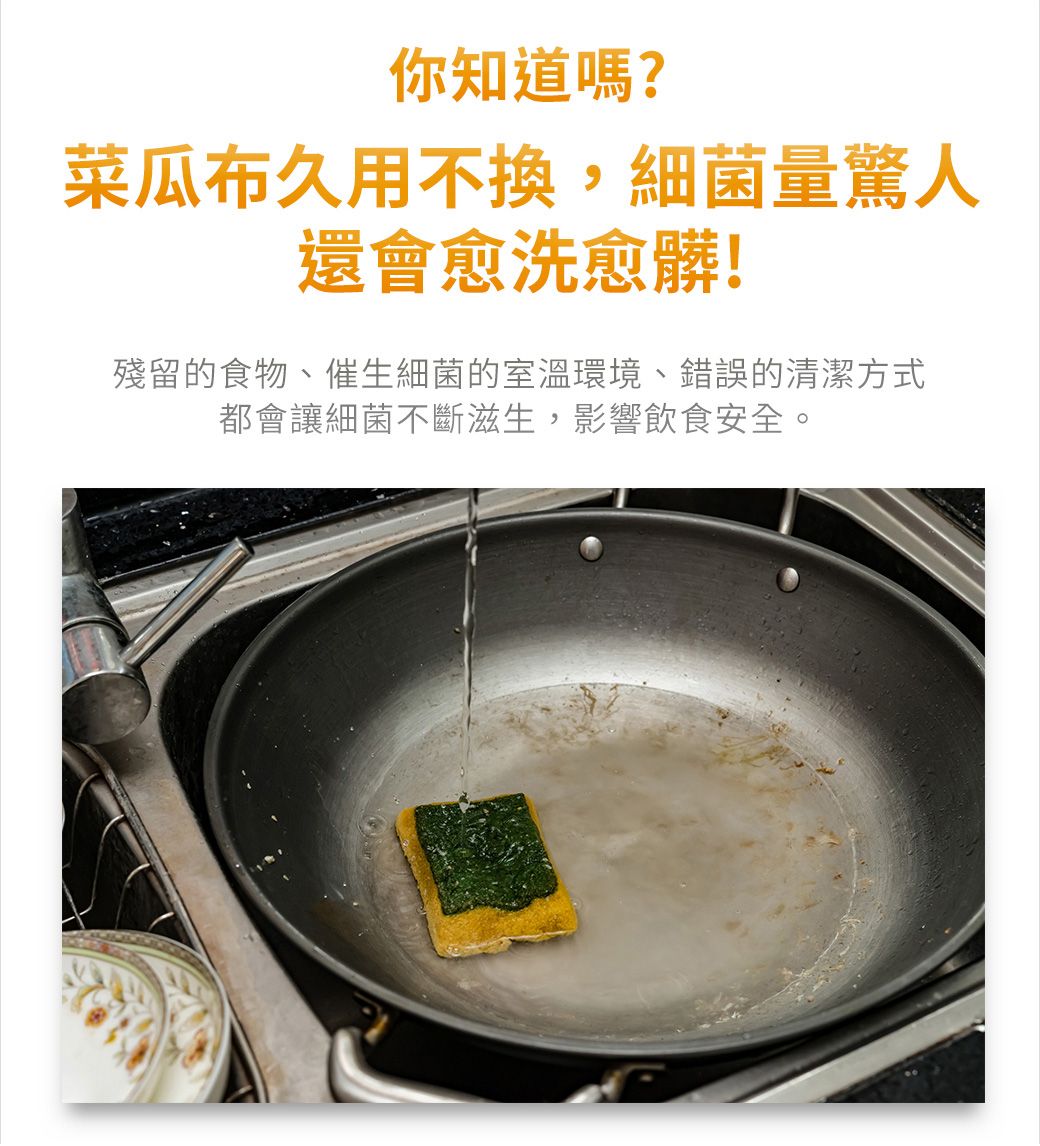 你知道嗎?菜瓜布久用不換,細 菌量驚人還會愈洗愈髒!殘留的食物、催生細 菌的室溫環境、錯誤的清潔方式都會讓細 菌不斷滋生,影響飲食安全。