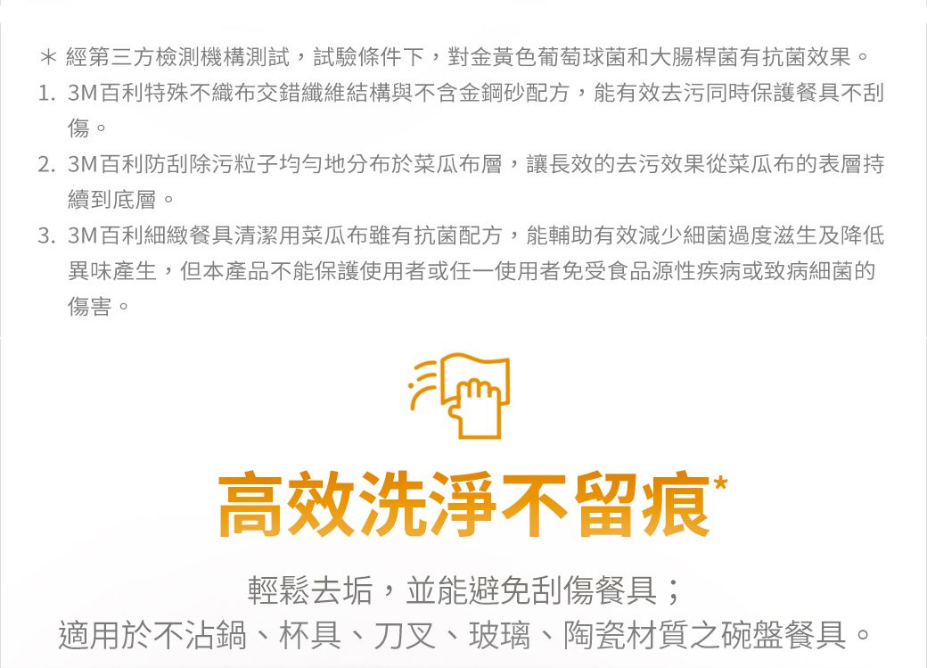 經第三方檢測機構測試,試驗條件下,對金黃色葡萄球菌和大腸桿菌有抗菌效果。1. 3M百利特殊不織布交錯纖維結構與不含金鋼砂配方,能有效去污同時保護餐具不刮傷。2. 3M百利防刮除污粒子均匀地分布於菜瓜布層,讓長效的去污效果從菜瓜布的表層續到底層。3. 3M百利細緻餐具清潔菜瓜布雖有抗菌配方,能輔助有效減少細 菌過度滋生及降低異味產生,但本產品不能保護使用者或任一使用者免受食品源性疾病或致病細 菌的傷害。高效洗淨不留痕*輕鬆去垢,並能避免刮傷餐具;適用於不沾鍋、杯具、刀叉、玻璃、陶瓷材質之碗盤餐具。