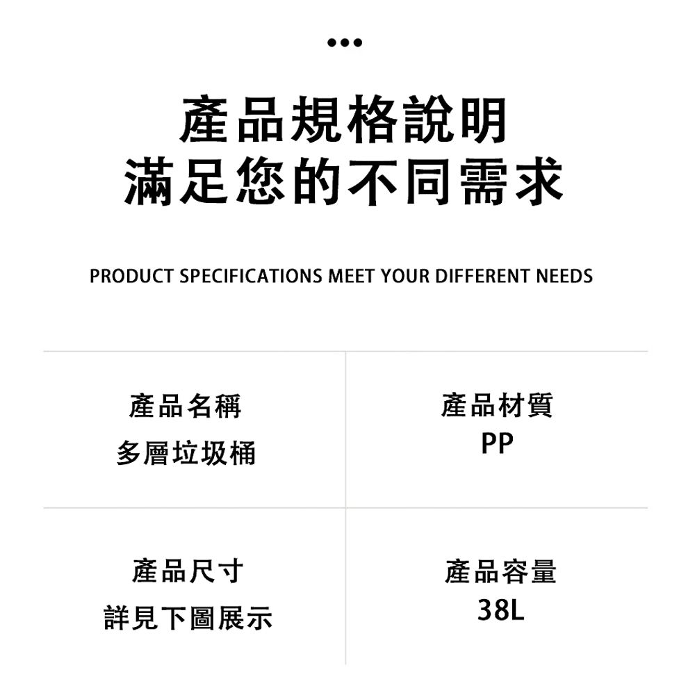 產品規格說明滿足您的不同需求PRODUCT SPECIFICATIONS MEET YOUR DIFFERENT NEEDS產品名稱多層垃圾桶產品尺寸詳見下圖展示產品材質PP產品容量38L