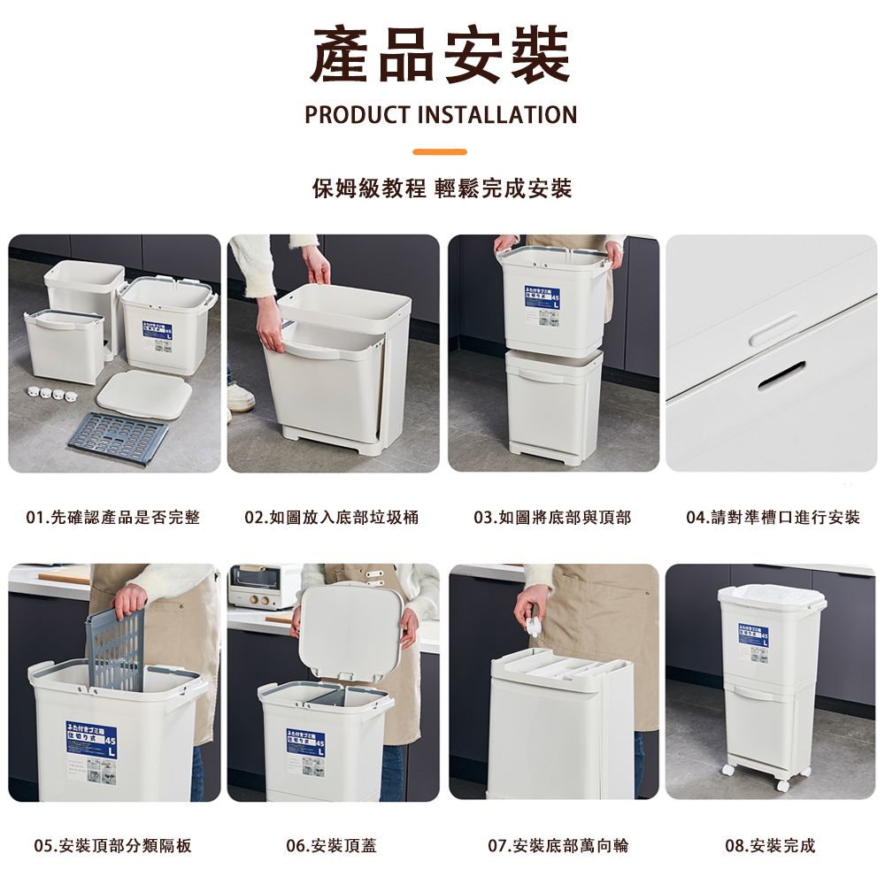 產品安裝PRODUCT INSTALATION保姆級教程 輕鬆完成安裝01.先確認產品是否完整02.如圖放入底部垃圾桶03.如圖將底部與頂部04.請對準槽口進行安裝付きL05.安裝頂部分類隔板06.安裝頂蓋07.安裝底部萬向輪08.安裝完成