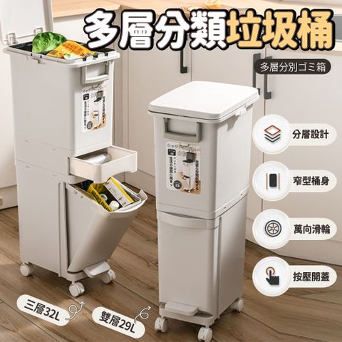 【樂邦】  32L三層-分類垃圾桶(腳踏垃圾桶 夾縫垃圾桶 手提桶)