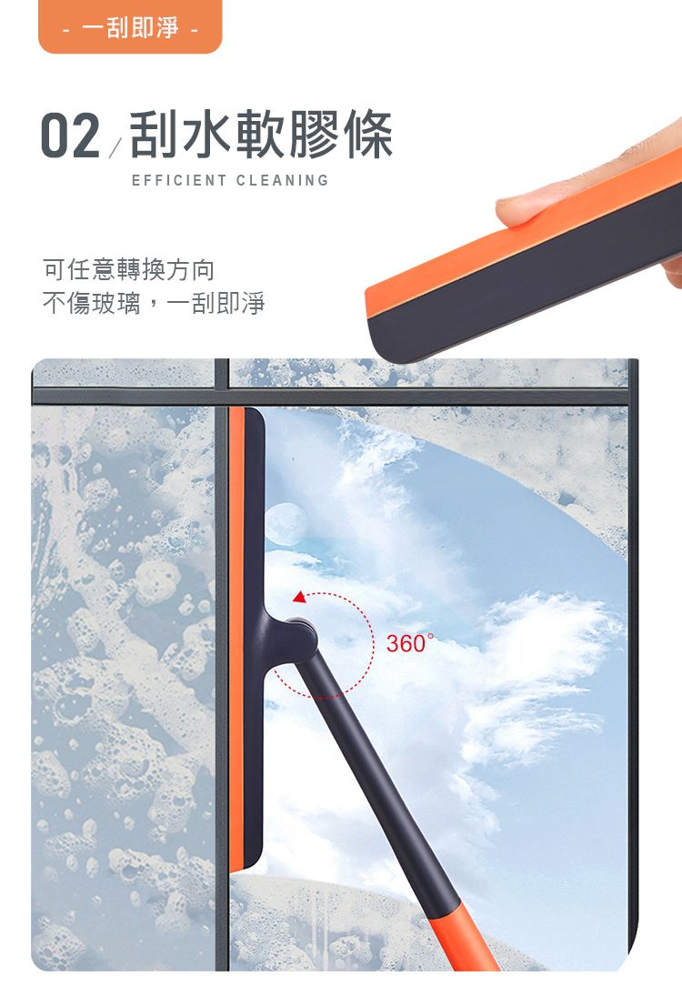 一刮即淨 02 刮水軟膠條EFFICIENT CLEANING可任意轉換方向不傷玻璃,一刮即淨360