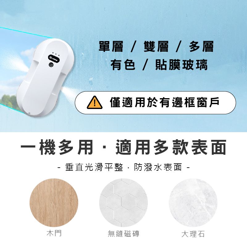 單層/雙層/多層有色/貼膜玻璃 僅適用於有邊框窗戶一機多用適用多款表面 垂直光滑平整防潑水表面 -木門無縫磁磚大理石
