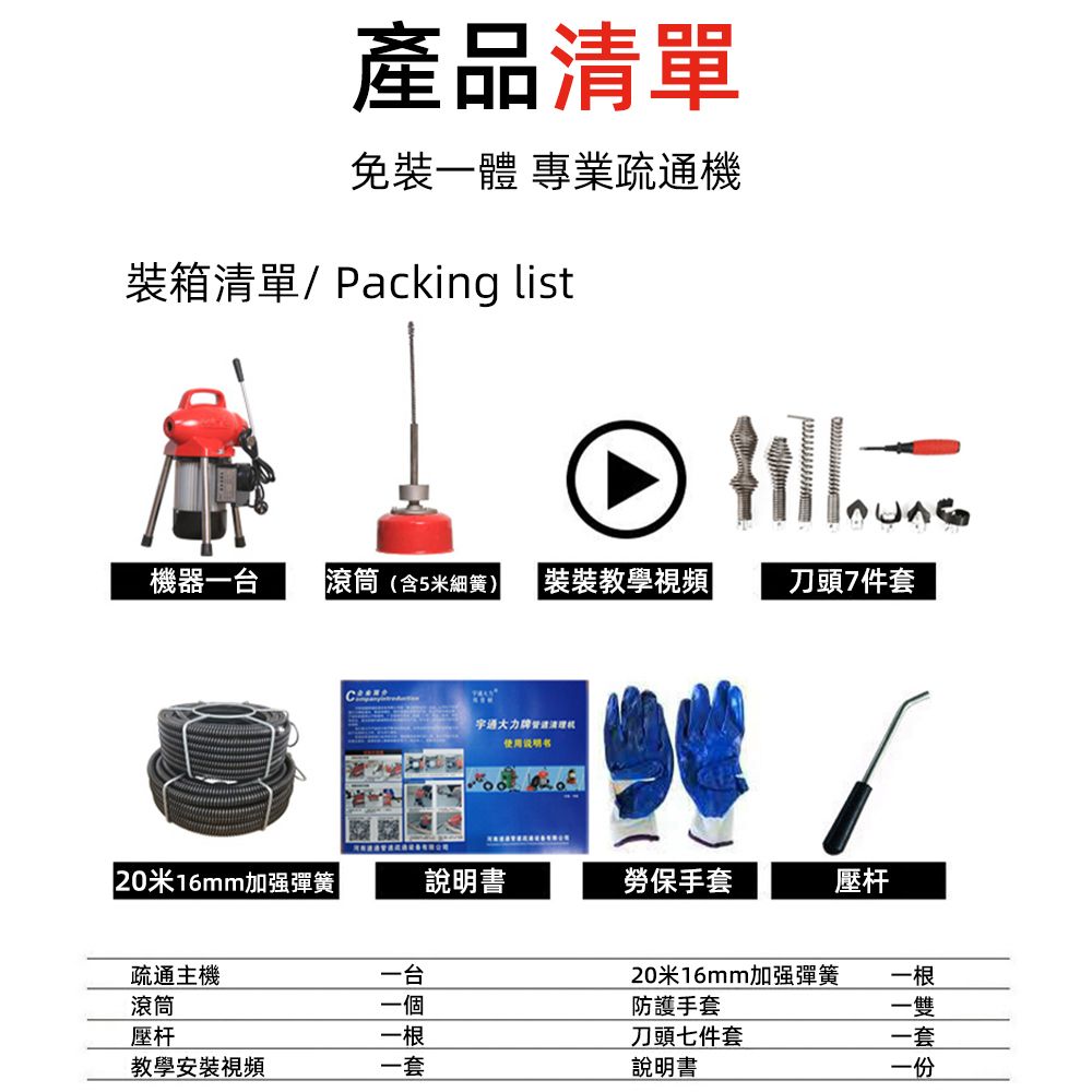 產品清單免裝一體 專業疏機裝箱清單/Packing list機器一台滾筒(含5米細簧) |裝裝教學視頻|刀頭7件套通使用20米16mm加强彈簧說明書勞保手套壓杆疏通主機一台滾筒一個壓杆一根教學安裝視頻一套20米16mm加強彈簧防護手套刀頭七件套說明書一根一雙一套一份