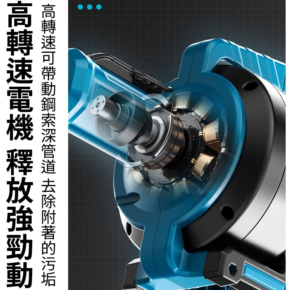 高轉速可帶動鋼索深管道 去除附著的汚垢高轉速電機 釋放強勁動