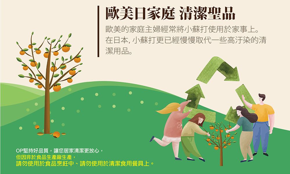 歐美日家庭 清潔聖品歐美的家庭主婦經常將小蘇打使用於家事上。在日本, 小蘇打更已經慢慢取代一些高汙染的清潔用品。OP堅持好品質,讓您居家清潔更放心,但因非於食品生產廠生產,請勿使用於食品烹飪中、請勿使用於清潔食用餐具上。