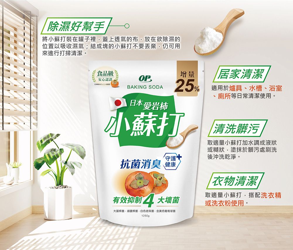 除濕好幫手將小蘇打裝在罐子裡蓋上透氣的布放在欲除濕的位置以吸收濕氣;結成塊的小蘇打不要丟棄,仍可用來進行打掃清潔食品級增量安心認證。OP居家清潔日本のタンニンをBAKING SODA適用於爐具水槽浴室日本愛岩柿25%小蘇打守護 抗菌消臭 健康有效抑制 壞菌、廁所等日常清潔使用。清洗髒污取適量小蘇打加水調成液狀或糊狀,塗抹於髒污處刷洗後沖洗乾淨。衣物清潔取適量小蘇打,搭配洗衣精或洗衣粉使用。大綠桿菌、白色念珠菌·金黃色葡萄球菌1250g