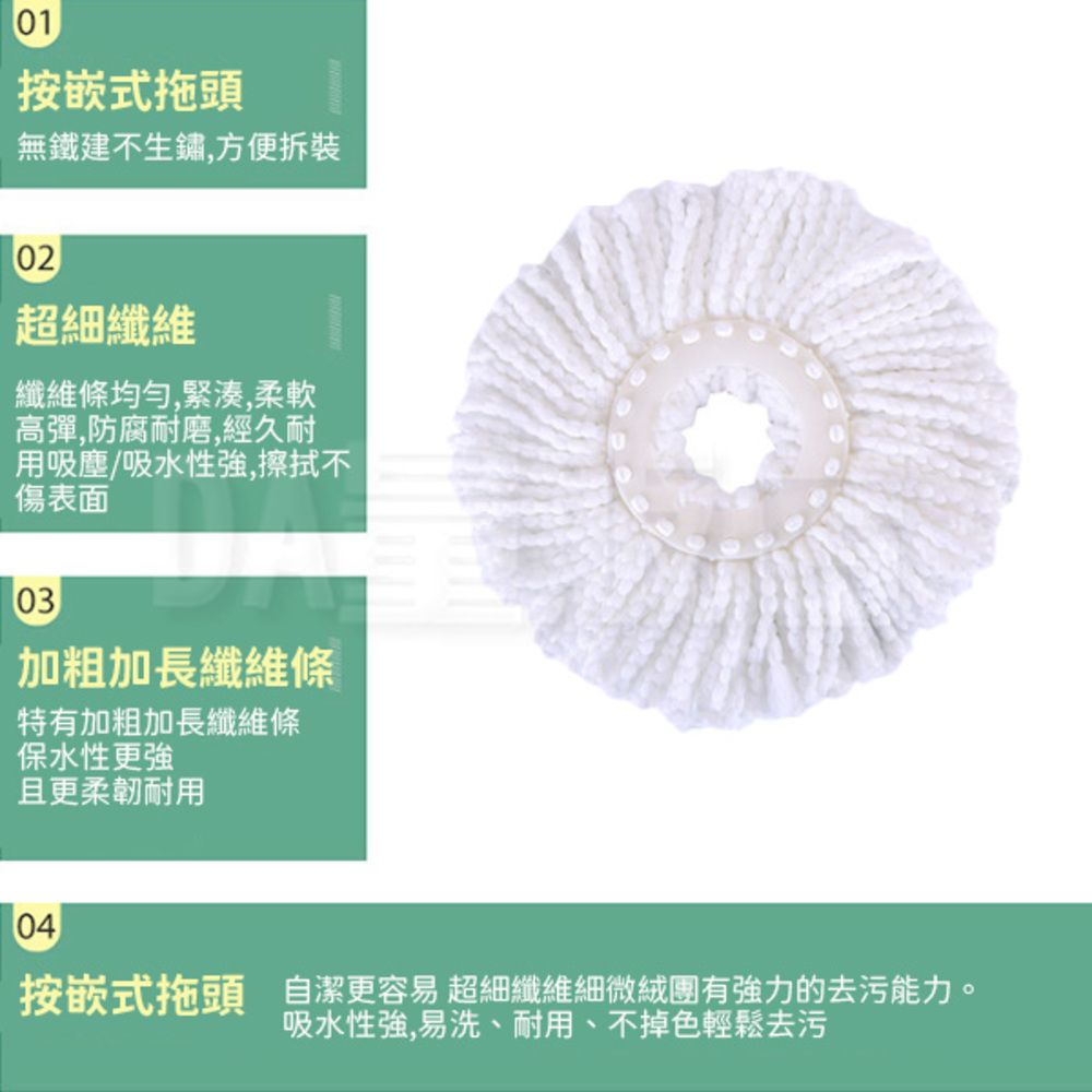 01按嵌式拖頭無鐵建不生鏽,方便02超細纖維纖維條均勻,緊湊,柔軟高彈,防腐耐磨,經久耐用吸塵/吸水性強,擦拭不傷表面03加粗加長纖維條特有加粗加長纖維條保水性更強且更柔韌耐用04按嵌式拖頭 潔更容易 超細纖維細微絨團有強力的去污能力。吸水性強,易洗、耐用、不掉色輕鬆去污