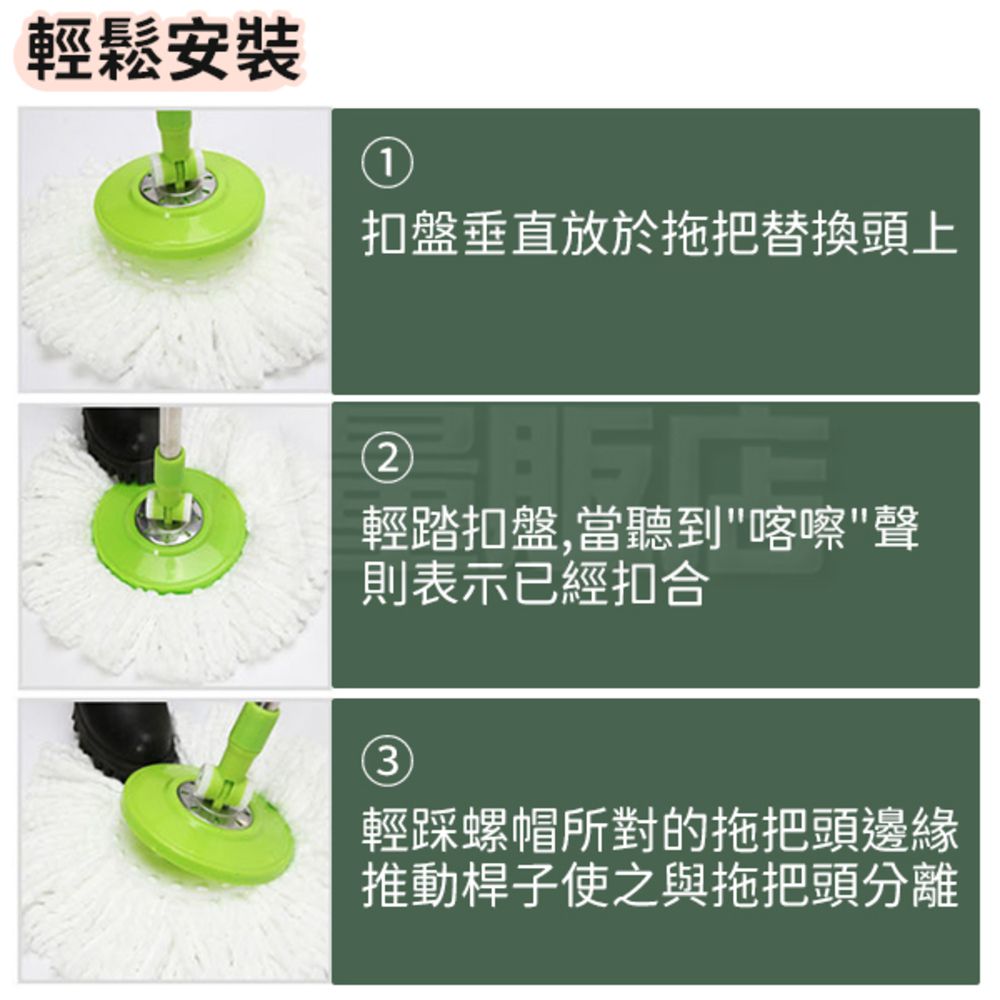 輕鬆安裝1扣盤垂直放於拖把替換頭上2輕踏扣盤,當聽到喀嚓聲則表示已經扣合3輕踩螺帽所對的拖把頭邊緣推動桿子使之與拖把頭分離