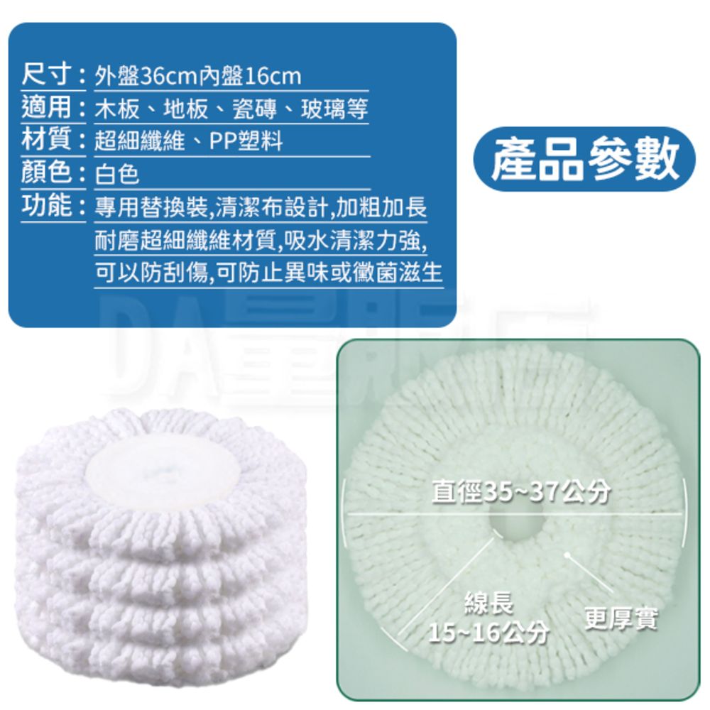 尺寸:盤36cm盤16cm適用:木板、地板、瓷磚、玻璃等材質:超細纖維、PP塑料顏色:白色功能:專用替換裝,清潔布設計,加粗加長產品參數Ⓡ耐磨超細纖維材質,吸水清潔力強,可以防刮傷,可防止異味或黴菌滋生直徑35~37公分線長15~16公分更厚實