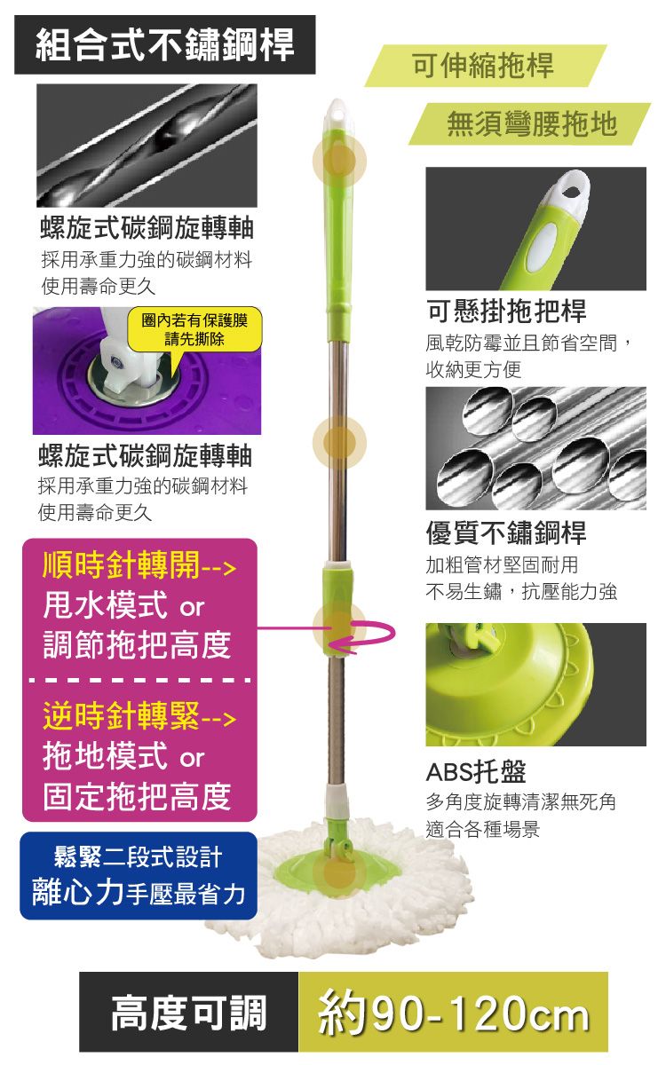 組合式不鏽鋼桿可伸縮拖桿無須彎腰拖地螺旋式碳鋼旋轉軸採用承重力強的碳鋼材料使用壽命更久若有保護膜請先撕除可懸掛拖把桿風乾防霉並且節省空間,收納更方便螺旋式碳鋼旋轉軸採用承重力強的碳鋼材料使用壽命更久順時針轉開 --甩水模式 or調節拖把高度逆時針轉緊--拖地模式 or固定拖把高度鬆緊二段式設計離心力手壓最省力優質不鏽鋼桿加粗管材堅固耐用不易生鏽,抗壓能力強ABS托盤多角度旋轉清潔無死角適合各種場景高度可調約90-120cm