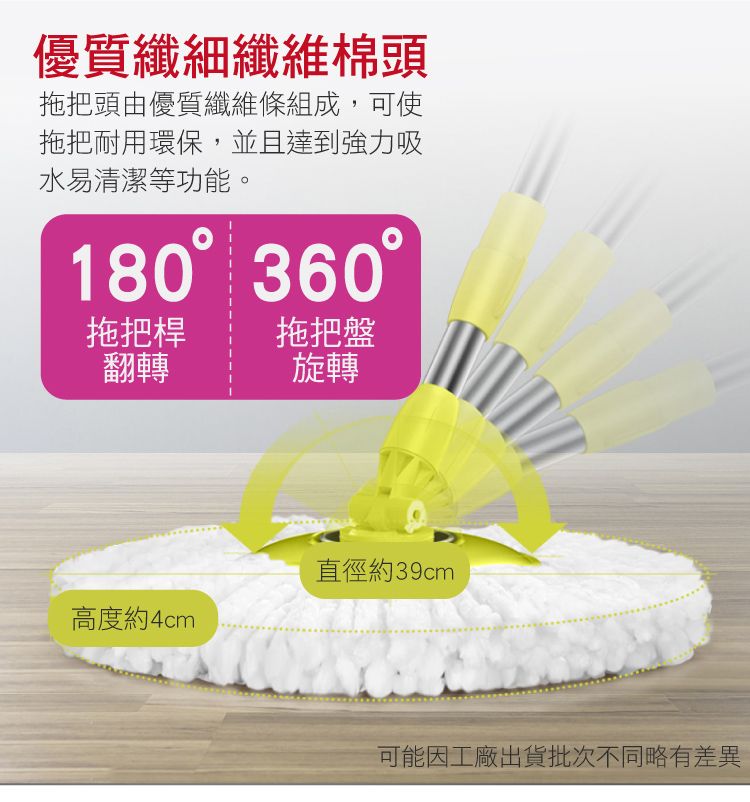 優質纖細纖維棉頭拖把頭由優質纖維條組成,可使拖把耐用環保,並且達到強力吸水易清潔等功能。180 360拖把桿拖把盤翻轉旋轉高度約4cm直徑約39cm可能因工廠出貨批次不同略有差異