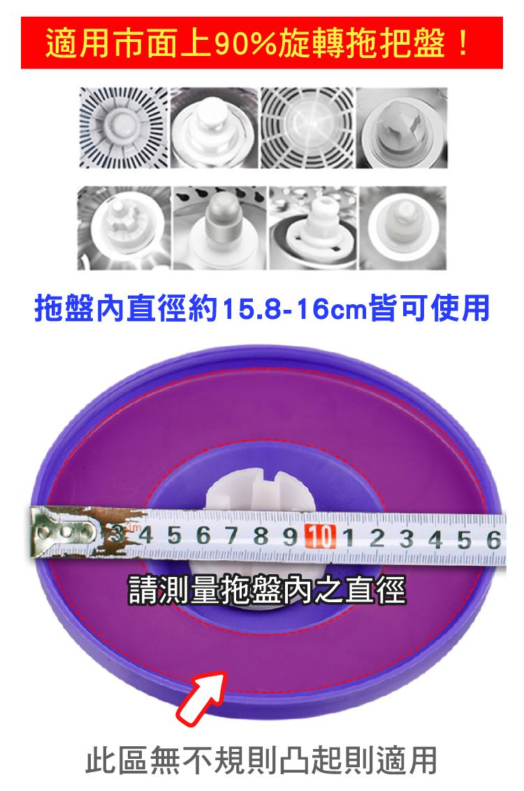 適用市面上90%旋轉拖把盤!拖盤直徑約15.8-16cm皆可使用4 5 6 7 8 9 10 1 2 3 4 5 6請測量拖盤之直徑此區無不規則凸起則適用