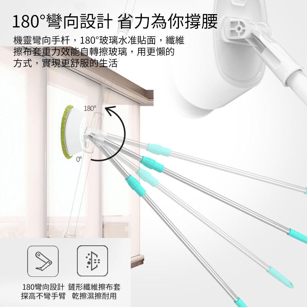 180設計 省力為你撐腰機靈彎向手杆,180°玻璃水准貼面,纖維擦布套重力效能自轉擦玻璃,用更懶的方式,實現更舒服的生活180°180彎向設計 鏟形纖維擦布套探高不彎手臂乾擦濕擦耐用