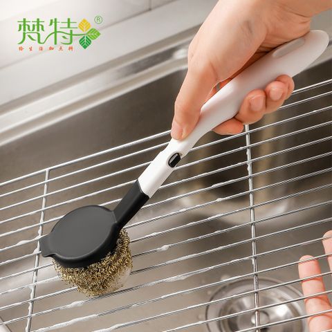 【梵特】防傷塗層銅絲鋼絲球長柄洗鍋刷(附替換頭2入)