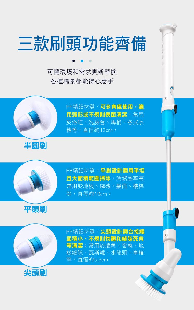 三款刷頭功能齊備可隨環境和需求更新替換各種場景都能得心應手半圓刷PP精細材質,可多角度使用,適用弧形或不規則表面清潔,常用於浴缸、洗臉台、馬桶、各式水槽等,直徑約12cm。平頭刷PP精細材質,平刷設計適用平坦且大面積範圍掃除,清潔效率高常用於地板、磁磚、牆面、樓梯等,直徑約10cm。尖頭刷PP精細材質,尖頭設計適合接觸面積小、不規則物體和縫隙死角等清潔;常用於牆角、窗軌、地板縫隙、瓦斯爐、水龍頭、車輪等,直徑約5.5cm。