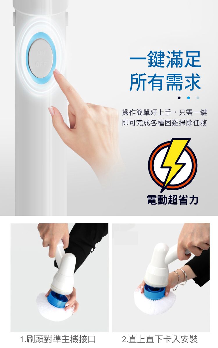 一鍵滿足所有需求操作簡單好上手,只需一鍵即可完成各種困難掃除任務電動超省力1.刷頭對準主機接口2.直上直下卡入安裝