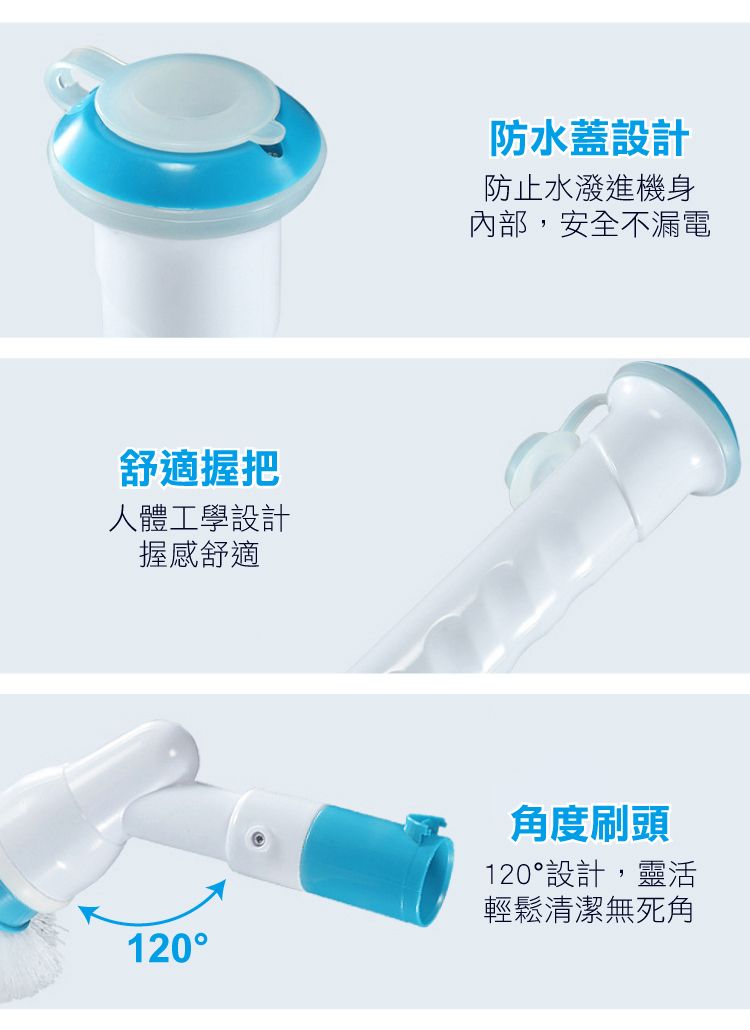 舒適握把人體工學設計握感舒適防水蓋設計防止水潑進機身內部,安全不漏電120角度刷頭120設計,靈活輕鬆清潔無死角