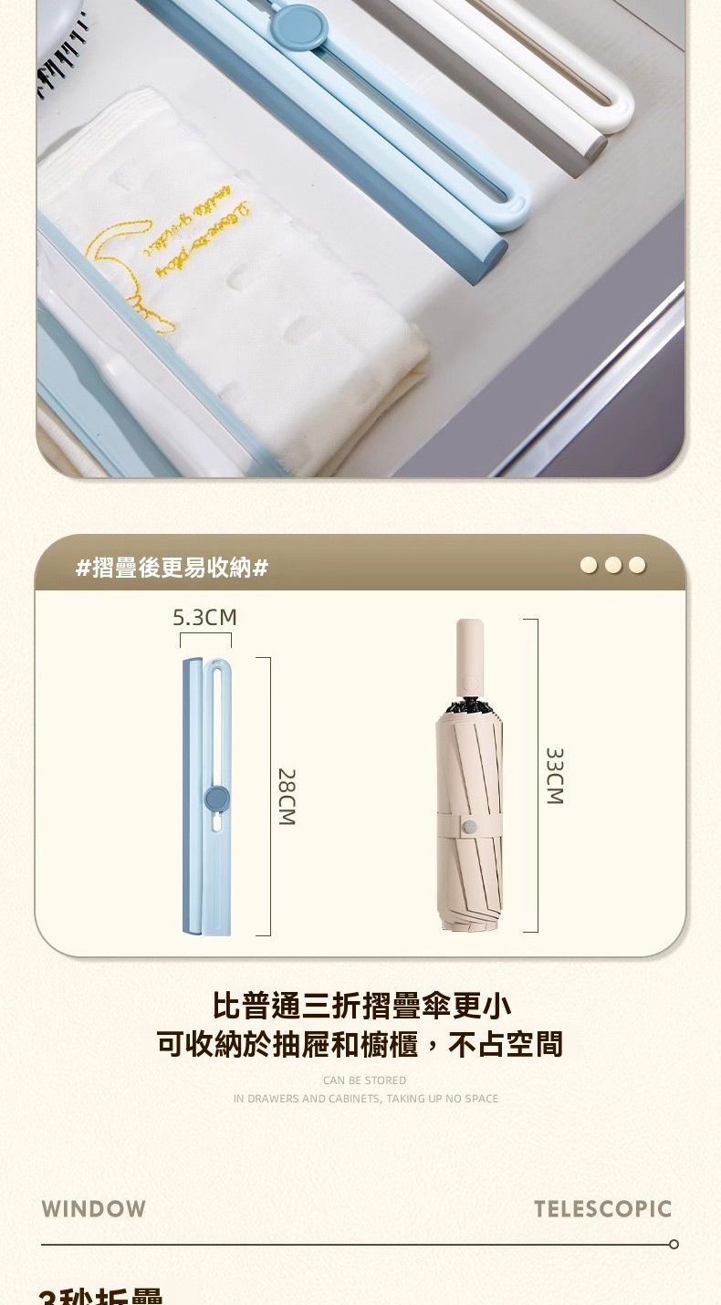 #摺疊後更易收納#5.3CM8CM33CM比普通三折摺疊傘更小可收納於抽屜和櫥櫃,不占空間CAN BE STOREDIN DRAWERS AND CABINETS, TAKING UP NO SPACEWINDOW2TELESCOPIC
