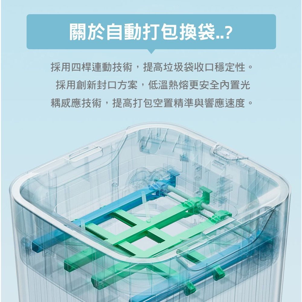 關於自動打包換袋?採用四桿連動技術,提高垃圾袋收口穩定性。採用創新封口方案,低溫熱熔更安全内置光耦感應技術,提高打包空置精準與響應速度。