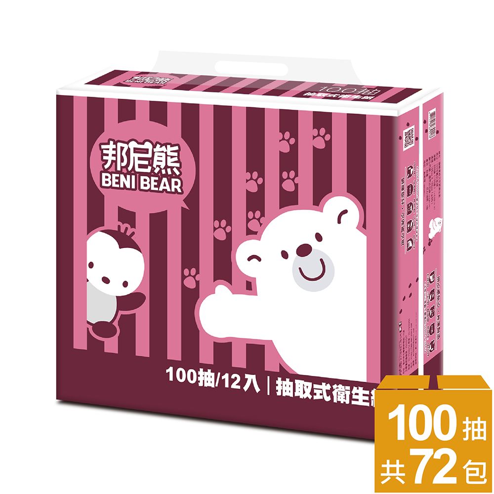 Benibear 邦尼熊 復古酒紅條紋抽取式衛生紙100抽12包6袋