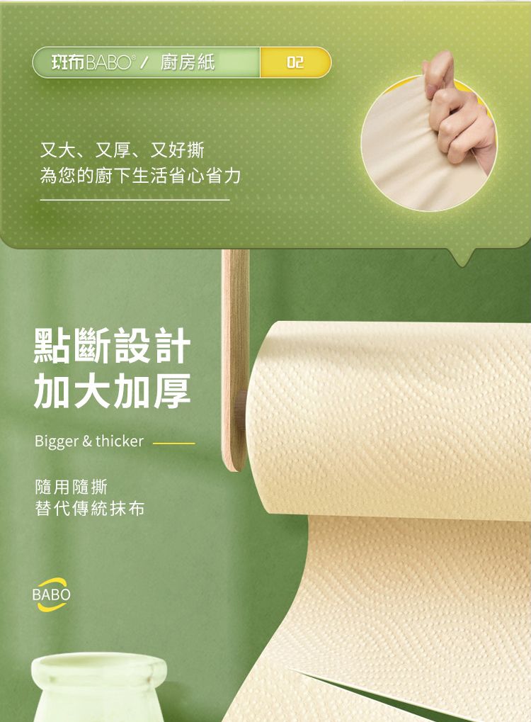 布BABO/廚房紙又大、又厚、又好撕為您的廚下生活省心省力點斷設計加大加厚Bigger & thicker隨用隨撕替代傳統抹布BABO®