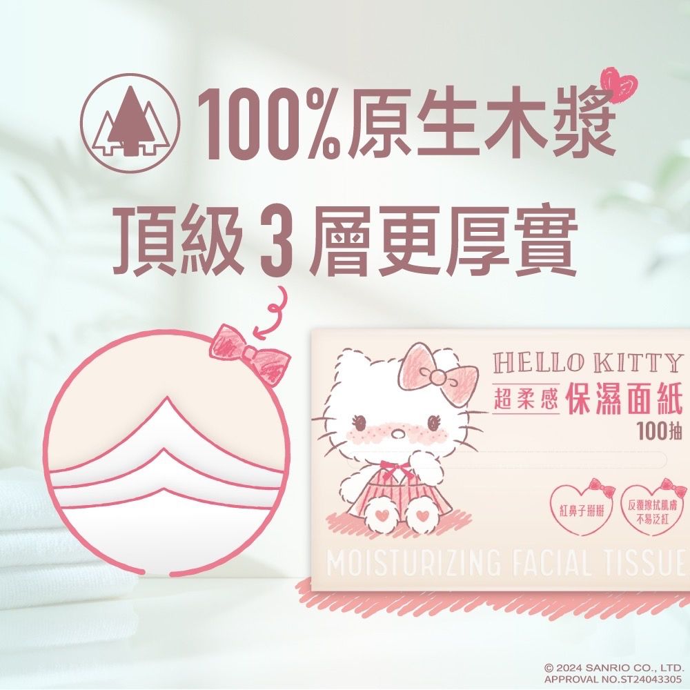Sanrio 三麗鷗 Hello Kitty 超柔感保濕面紙 頂級 3 層 X 100 抽 X 6 包 紅鼻子掰掰 添加多重保濕成分