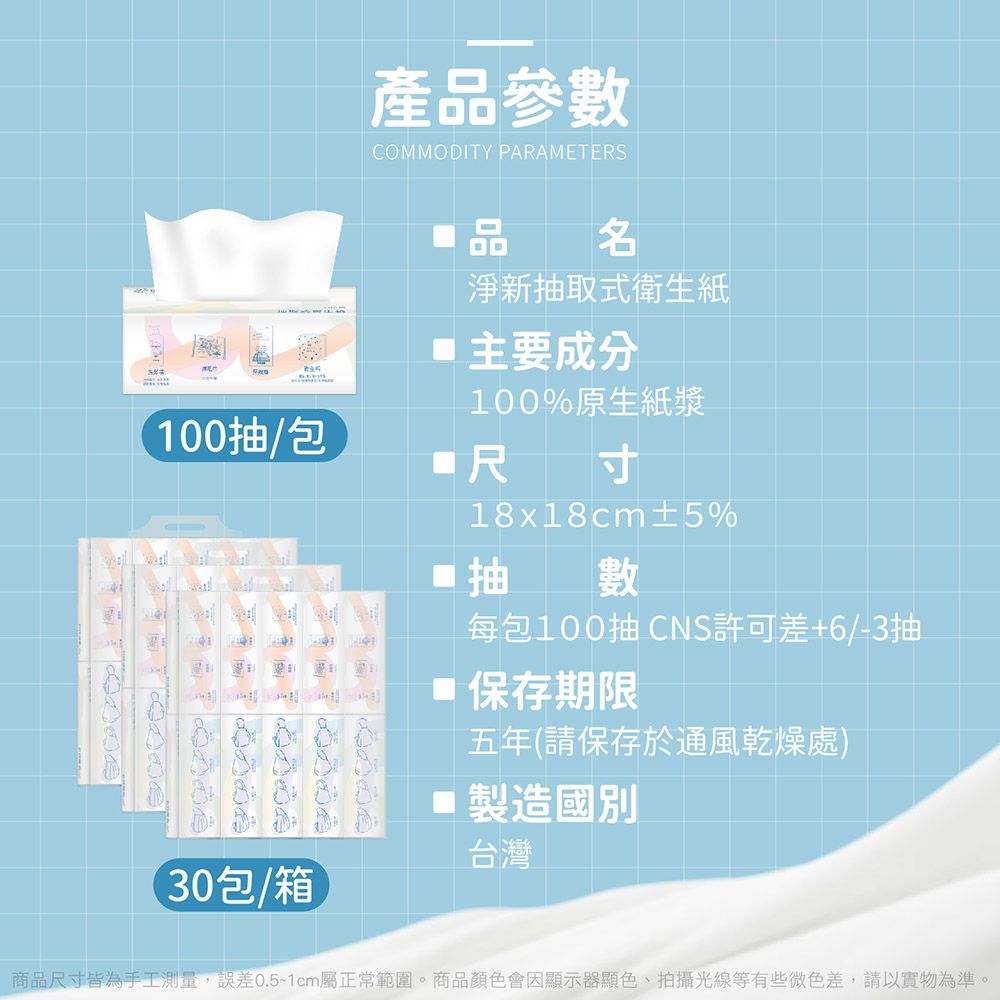 產參數COMMODITY PARAMETERS100抽/包品淨新抽取式衛生紙 主要成分100%原生紙漿18x18cm±5%30包/箱抽數每包100抽 CNS許可差+6/-3抽保存期限五年(請保存於通風乾燥處) 製造國別台灣商品尺寸皆為手工測量,誤差1cm屬正常範圍。商品顏色會因顯示器顯色、拍攝光線等有些微色差,請以實物為準。