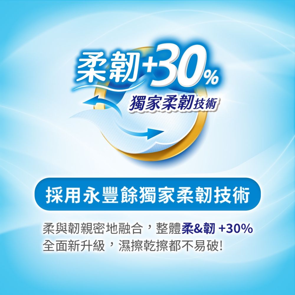 韌+30%獨家柔韌技術採用永豐餘獨家柔韌技術柔與韌親密地融合,整體柔&韌+30%全面新升級,濕擦乾擦都不易破!