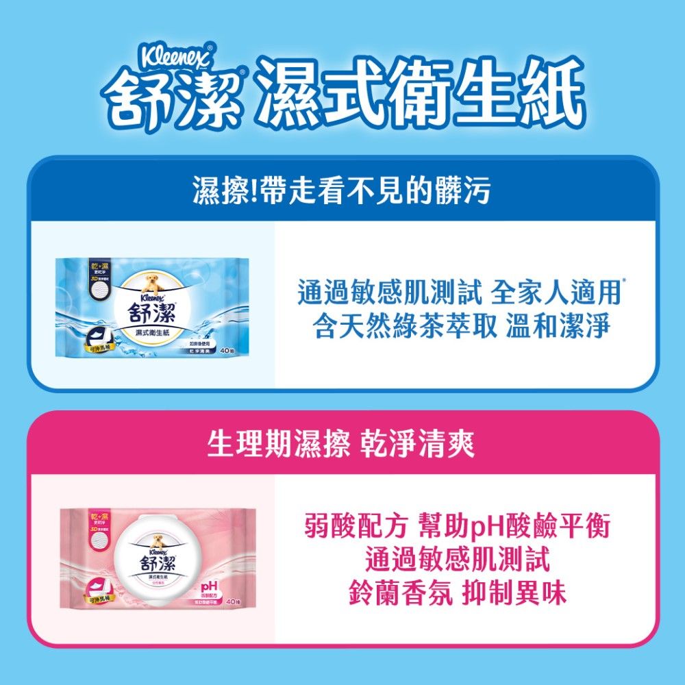 乾濕乾+Kleenex舒潔濕式衛生紙濕擦!帶走看不見的髒污通過敏感肌測試全家人適用舒潔濕式衛生紙含天然綠茶 溫和潔淨40舒潔pH生理期濕擦 乾淨清爽40弱酸配方 幫助pH酸鹼平衡通過敏感肌測試鈴蘭香氛 抑制異味