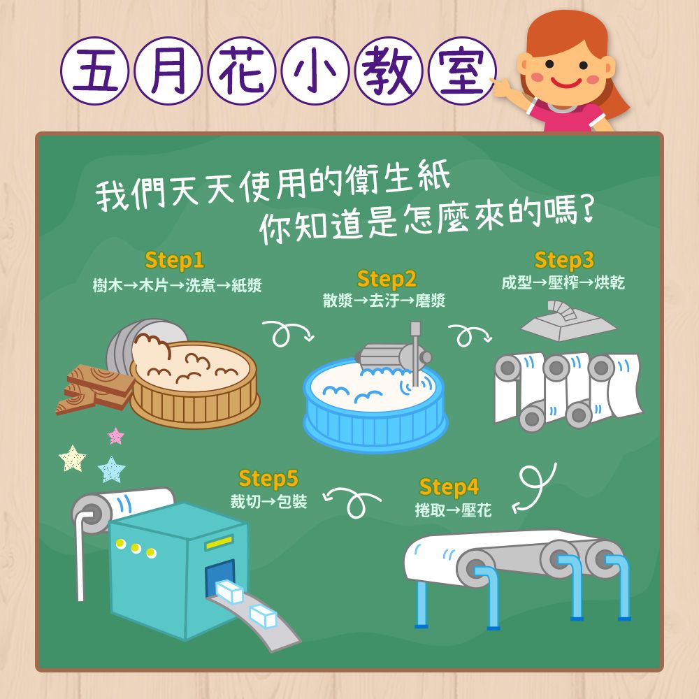 五月花小教室我們天天使用的衛生紙你知道是怎麼來的嗎?Step3Step1樹木 木片 洗煮 紙漿Step2成型壓榨烘乾散漿  磨漿Step5裁切包裝Step4捲取 壓花999