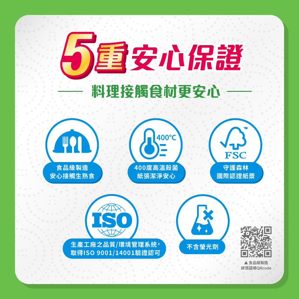 安心保證料理接觸食材更安心400食品級製造安心接觸生熟食400度高溫殺菌紙張潔淨安心FSC守護森林國際認證紙漿ISO生產工廠之品質/環境管理系統,取得ISO 9001/14001驗證認可不含螢光劑 食品級製造詳情請掃QRcode