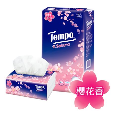 Tempo 4層加厚輕巧包面紙-櫻花90抽x5包/串