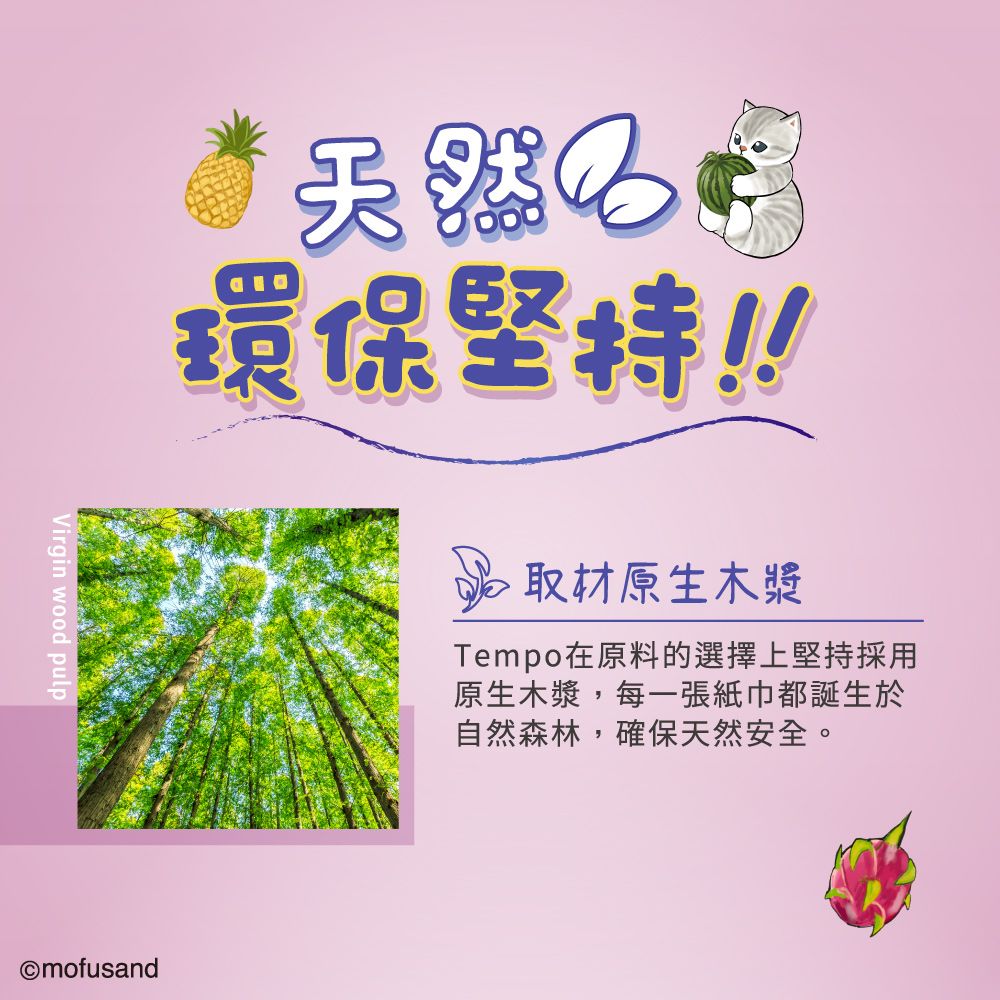 環保堅持!!Virgin wood pulp取材原生木漿Tempo在原料的選擇上堅持採用原生木漿,每一張紙巾都誕生於自然森林,確保天然安全。