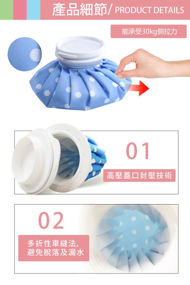 產品細節/PRODUCT DETAILS能承受30kg側拉力02多折性車縫法,避免脫落及漏水01高壓蓋口壓技術