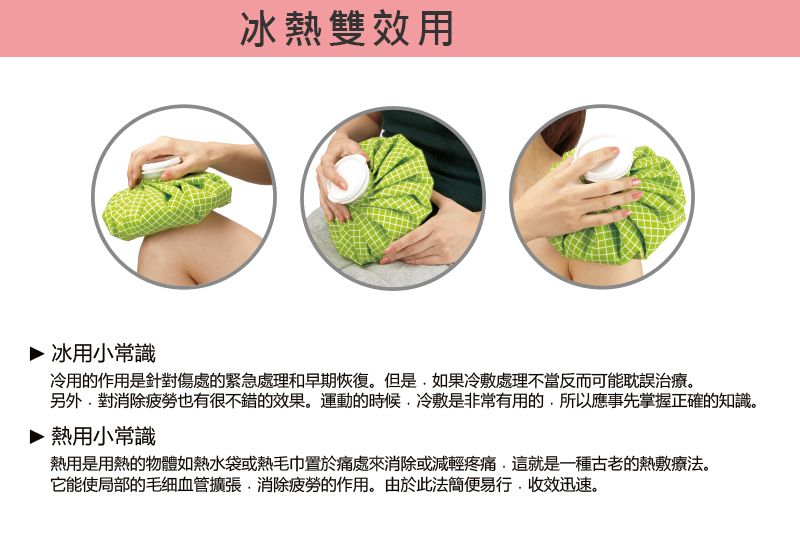 冰熱雙效用▶ 冰用小常識冷用的作用是針對傷處的緊急處理和早期恢復。但是果冷敷處理不當反而可能耽誤治療。對消除疲勞也有很不錯的效果。運動的時候冷敷是非常有用的所以應事先掌握正確的知識。▶ 熱用小常識熱用是用熱的物體如熱水袋或熱毛巾置於痛處來消除或減輕疼痛這就是一種古老的熱敷療法。它能使局部的毛细血管擴張消除疲勞的作用。由於此法簡便易行收效迅速。