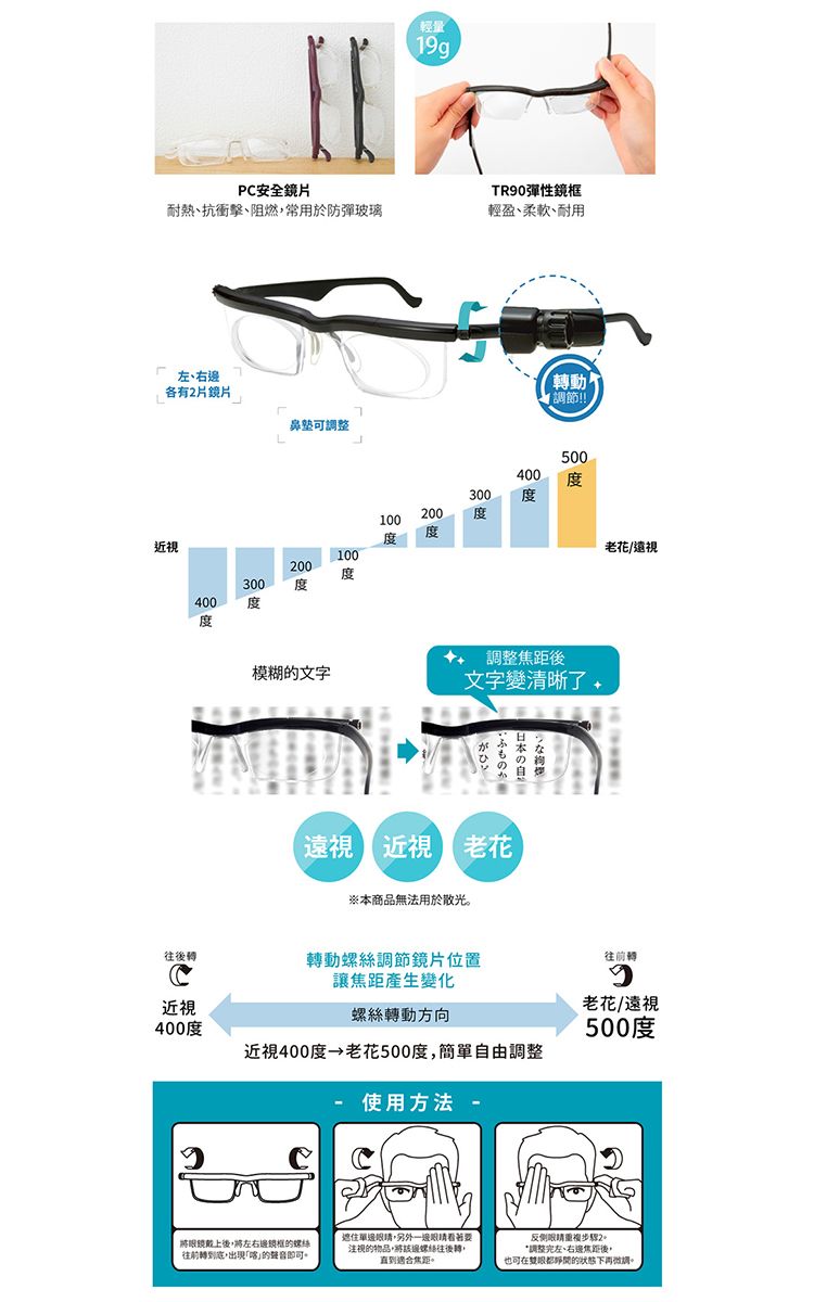 輕量P安全鏡片TR90彈性鏡耐熱、抗衝擊、阻燃常用於防彈玻璃輕盈、柔軟、耐用左、右各有2片鏡片鼻可調整近轉動調節!!500400300 200100100200 300 400 度調整焦距後模糊的文字文字變清晰了日本のふもの遠視近視近視 老花※本商品無法用於散光老花/遠視往後轉轉動螺絲調節鏡片位置C讓焦距產生變化近視往前轉老花/視螺絲轉動方向400度500度近視400度 老花500度簡單自由調整使用方法 將眼鏡戴上後將左右邊框的螺絲往前轉到底,出現的聲音。遮住單邊眼睛,另外一邊眼睛要注视的物品,將該邊螺絲往後轉,直到適合焦距。反侧眼睛重複步驟2*調整完左、右邊焦距後,也可在的狀態下再微調。