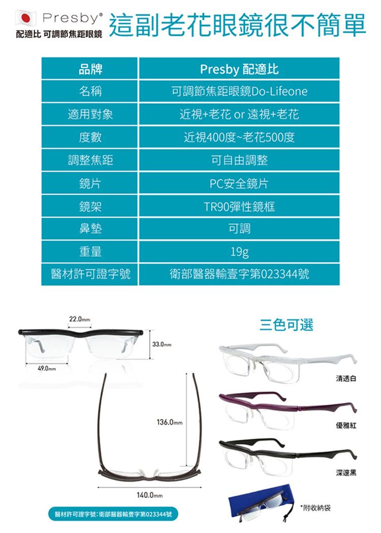 這副老花眼鏡很不簡單配適比 可調節焦距眼鏡品牌名稱適用對象度數調整焦距鏡片鏡架鼻墊Presby 配適比可調節焦距眼鏡Do-Lifeone近視+老花遠視+老花近視400度~老花500度可自由調整PC安全鏡片TR90彈性鏡框可調重量19g醫材許可證字號衛部醫器輸字第023344號49.0mm22.0mm三色可選33.0mm清透白136.0mm優雅紅140.0mm醫材許可證字號:衛部醫器輸壹字第023344號*附收納袋黑