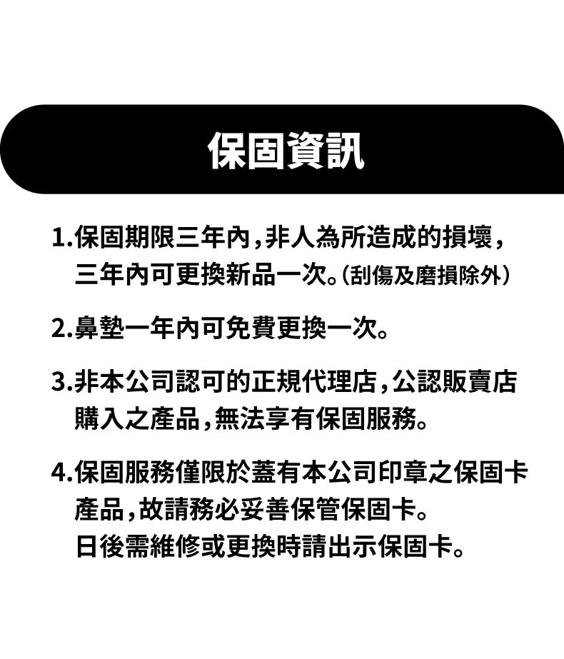 保固資訊1.保固期限三年內,非人為所造成的損壞,三年內可更換新品一次。(刮傷及磨損除外)2.鼻墊一年內可免費更換一次。3.非本公司認可的正規代理店,公認販賣店購入之產品,無法享有保固服務。4.保固服務僅限於蓋有本公司印章之保固卡產品,故請務必妥善保管保固卡。日後需維修或更換時請出示保固卡。