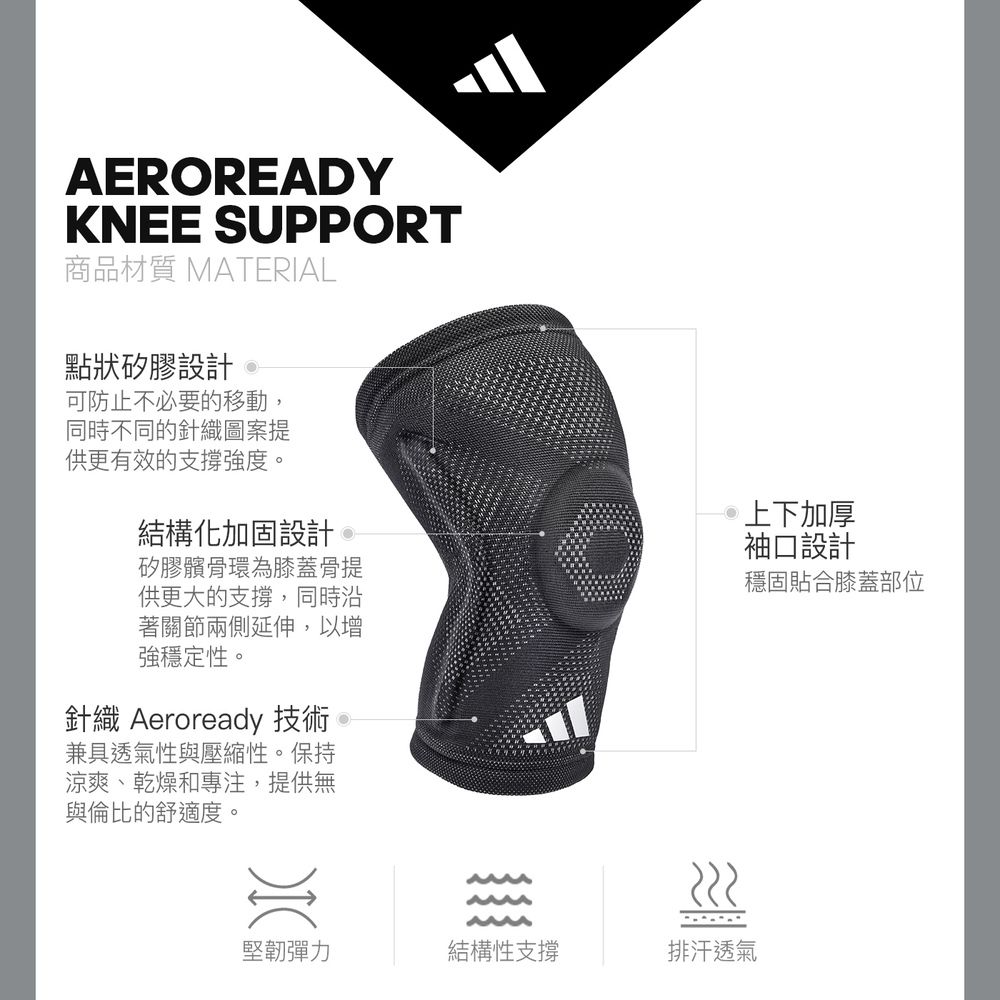AEROREADYKNEE SUPPORT商品材質 MATERIAL點狀矽膠設計可防止不必要的移動,同時不同的針織圖案提供更有效的支撐強度。結構化加固設計矽膠髕骨環為膝蓋骨提供更大的支撐,同時沿著關節兩側延伸,以增強穩定性。針織 Aeroready 技術兼具透氣性與壓縮性。保持涼爽、乾燥和專注,提供無與倫比的舒適度。上下加厚袖口設計穩固貼合膝蓋部位堅韌彈力結構性支撐排汗透氣