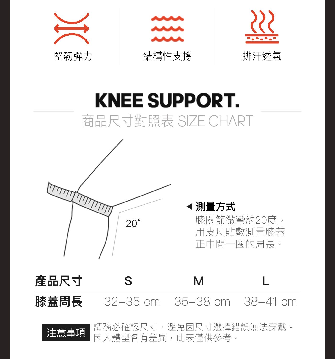 堅韌彈力結構性支撐排汗透氣KNEE SUPPORT.商品尺寸對照表 SIZE CHART20 測量方式膝關節微彎約20度,用皮尺貼敷測量膝蓋正中間一圈的周長。產品尺寸SML膝蓋周長32-35 cm 35-38 cm 38-41 cm注意事項請務必確認尺寸,避免因尺寸選擇錯誤無法穿戴。因人體型各有差異,此表僅供參考。