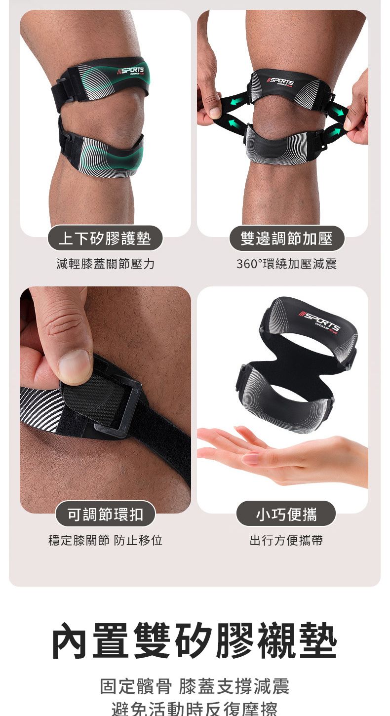 上下矽膠護墊雙邊調節加壓減輕膝蓋關節壓力360°環繞加壓減震 可調節環扣小巧便攜穩定膝關節 防止移位出行方便攜帶內置雙矽膠襯墊固定髕骨 膝蓋支撐減震避免活動時反復摩擦