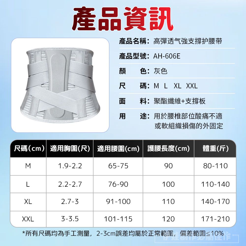 產品資訊產品名稱:高彈透气強支撐护腰带產品型號:AH-606E顔色:灰色尺碼:M L XL XXL料:聚酯纖維+支撐板途:用於腰椎部位酸痛不適或軟組織損傷的外固定尺碼(cm)適用胸(尺) 適用腰圍(cm) 護腰長度(cm) 體重(斤)M1.9-2.265-759080-1102.2-2.776-90100110-140XL2.7-391-100110140-170XXL3-3.5101-115120171-210*所有尺碼均為手工測量,2-3cm誤差均屬於正常範圍,圍,偏差範圍≤10%