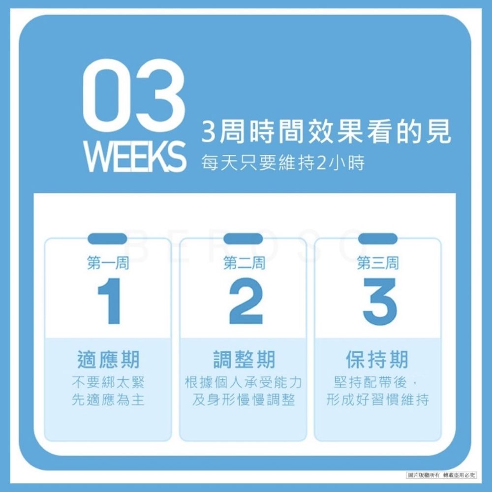 033周時間效果看的見WEEKS 每天只要維持2小時第一周第二周第三周1適應期不要綁太緊先適應為主2調整期3保持期根據個人承受能力及身形慢慢調整堅持配帶後,形成好習慣維持版權所有必究