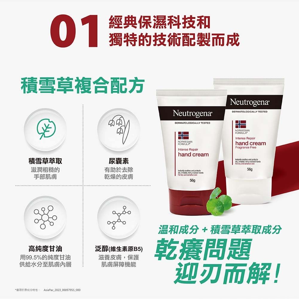 01經典保濕科技和 獨特的技術配製而成積雪草複合配方NeutrogenaDERMATOLOGICALLY TESTED積雪草萃取滋潤粗糙的手部肌膚尿囊素有助於去除乾燥的皮膚高純度甘油用99.5%的純度甘油供給水分至肌膚泛醇(維生素B5)滋養皮膚保護肌膚屏障機能*僅限於原特性 AsiaPac_2023_00097955_000Neutrogena®DERMATOLOGICALLY TESTEDNORWEGIANIntense Repairh cream         and  56gNORWEGIANIntense Repairhand creamFragrance Free  and  ,    dry and  56g溫和成分+積雪草萃取成分乾癢問題迎刃而解!